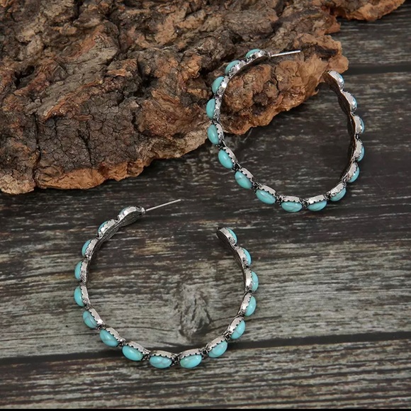 Beautiful Boho Turquoise and Silver Hoop Earrings - Picture 3 of 6